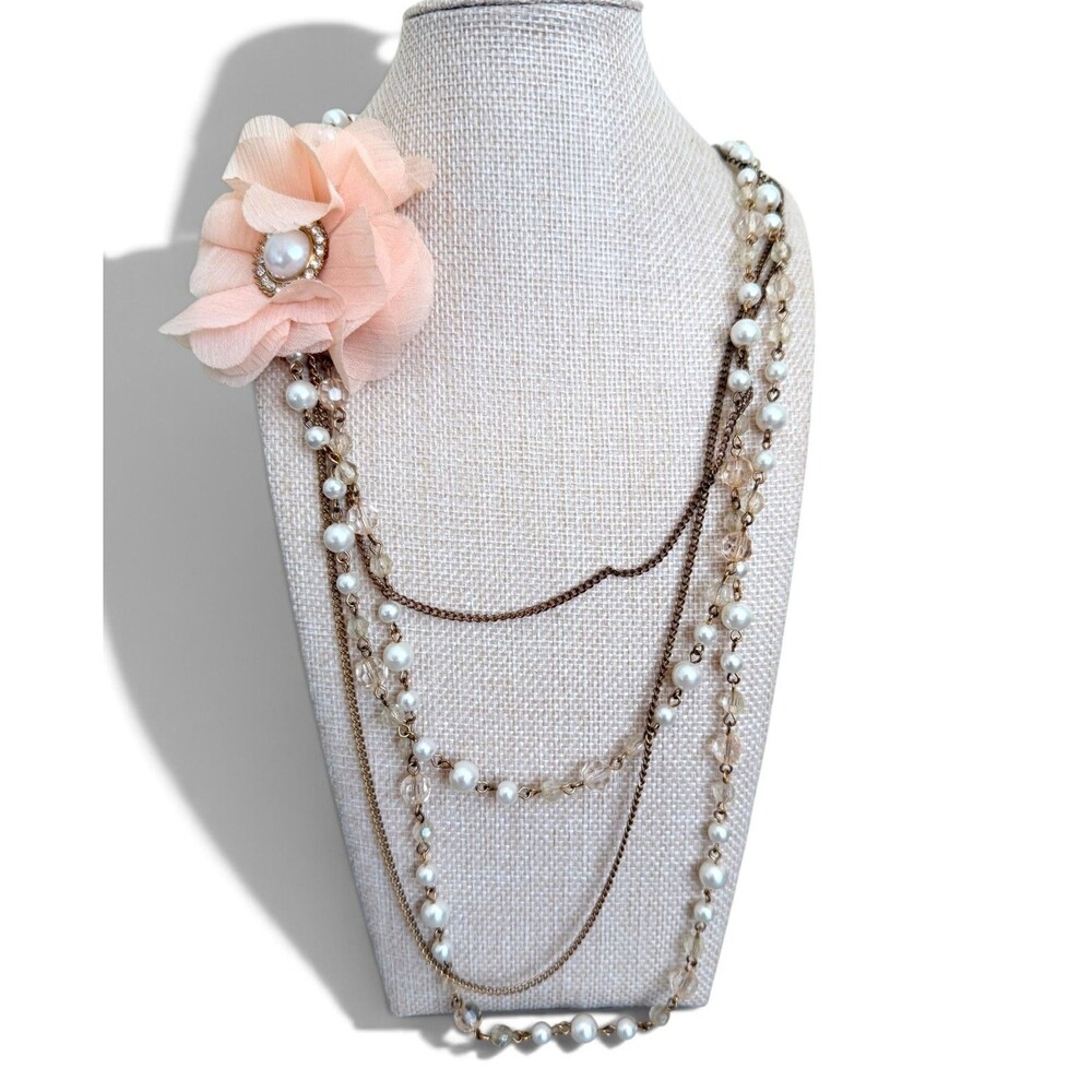 Multi Strand Pearl Crystal Layered Necklace Peach Chiffon Fabric Flower Brooch